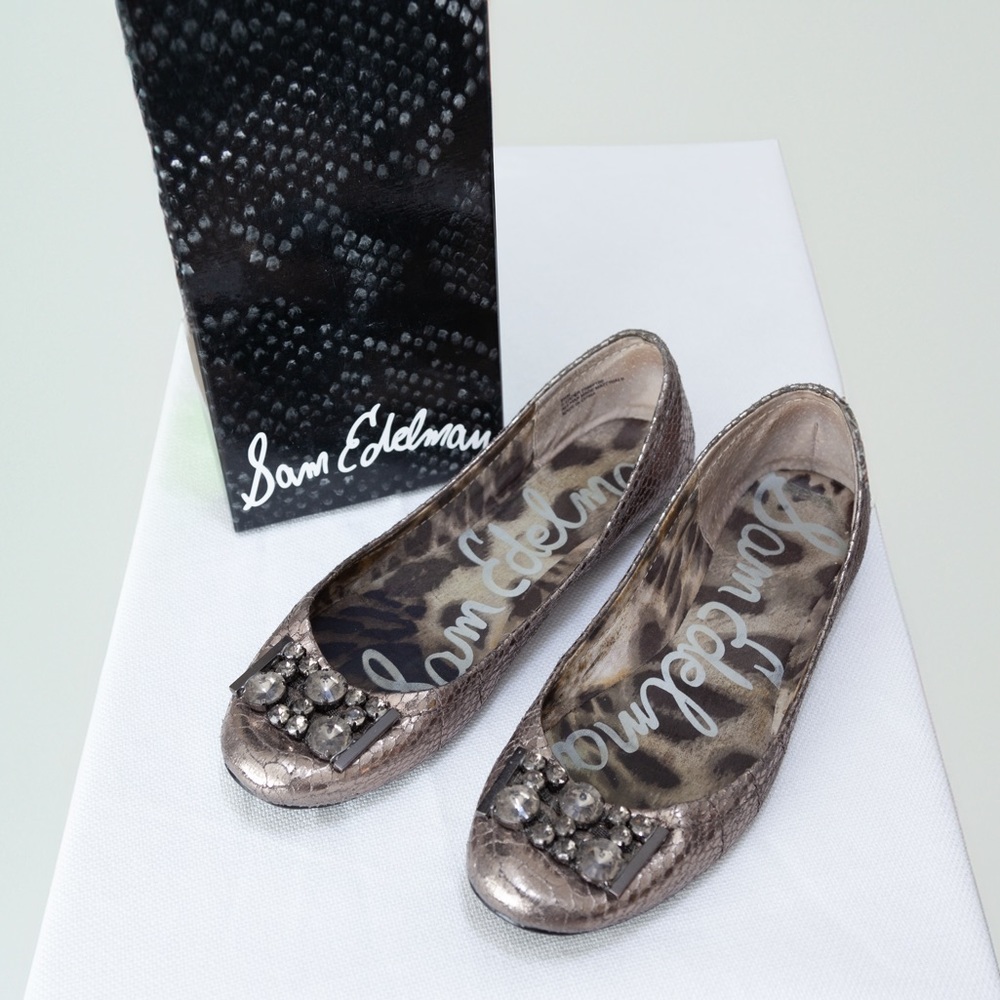 Sam Edelman Women's Pewter Metallic Boa Snake Skin Caper Ballet Flat 9.5